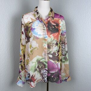 Simply Vera Wang Women's Long Sleeve Sheer Floral Multicolor Button Blouse XL